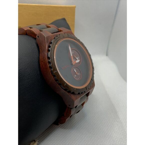 BEWELL W154A Men's Red/Black Sandalwood Analog Dial Quartz Wrist Watch YR43 - Picture 4 of 11